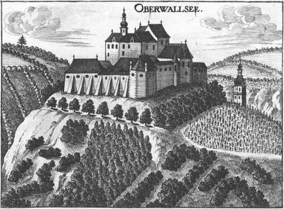 Engraving, View of Oberwallsee Castle, Upper Austria by Georg Matthäus  Vischer